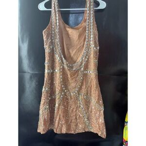 Frock for Humanity Beaded Sequin Mini Dress Peach Silver Low Back Womens Medium